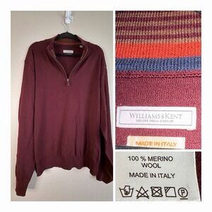 Williams & Kent Men's XXL 100% Merino Wool Quarter Zip Sweater Burgundy Italy